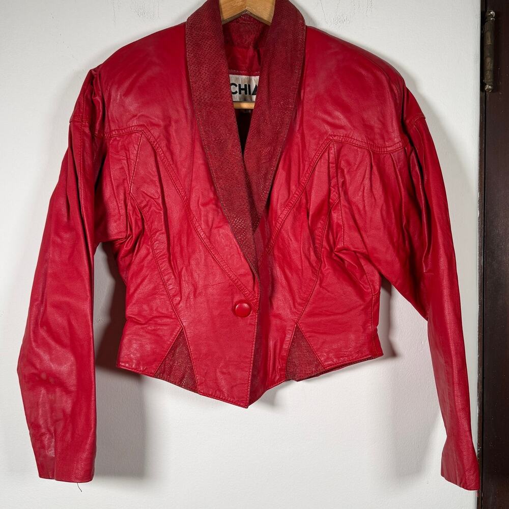 1980s Vintage Chia Red Leather Biker Jacket Small Rock and Roll Motorcycle